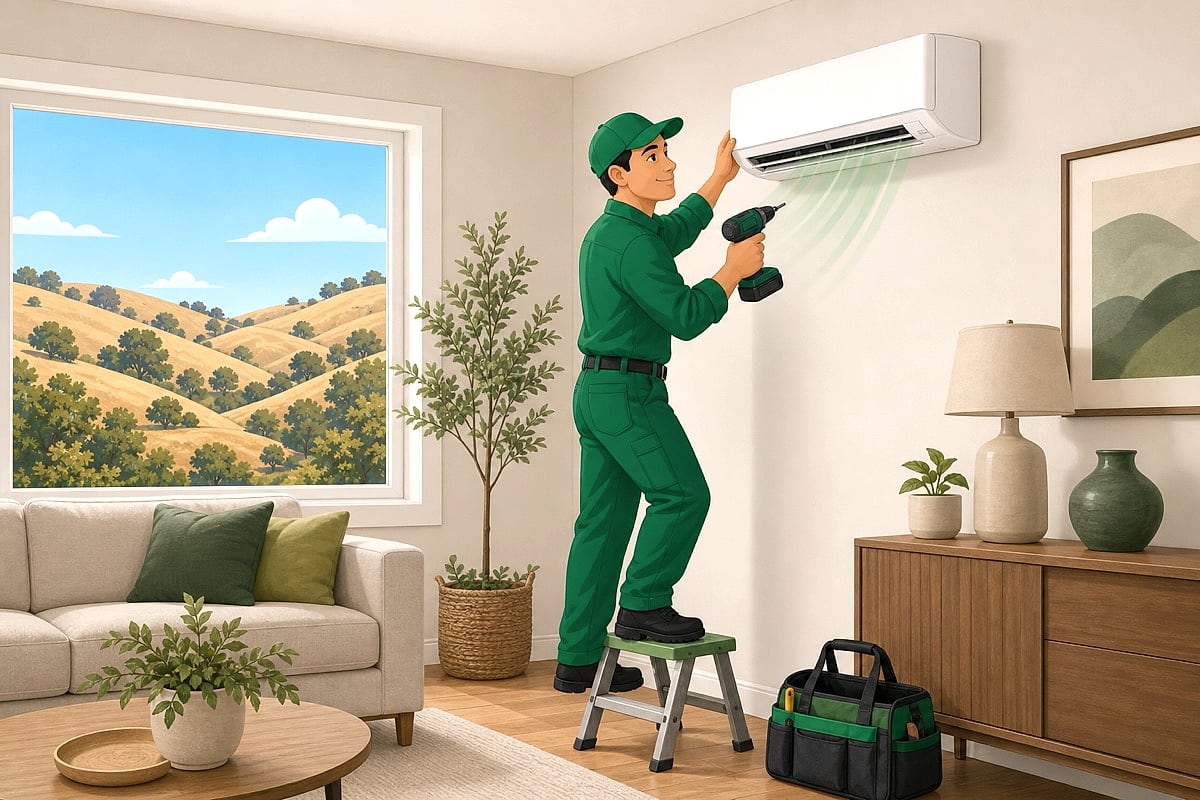 Illustration of an Enviro technician installing a wall-mounted ductless mini-split indoor head in a North Bay home