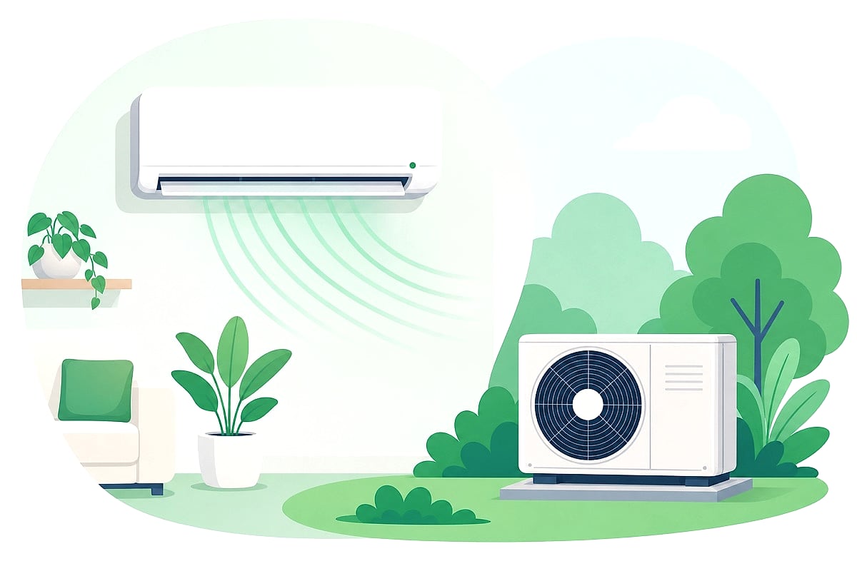 Ductless mini-split heat pump illustrated in a mid-century modern living space with floor-to-ceiling windows, the retrofit fit for Terra Linda Eichlers