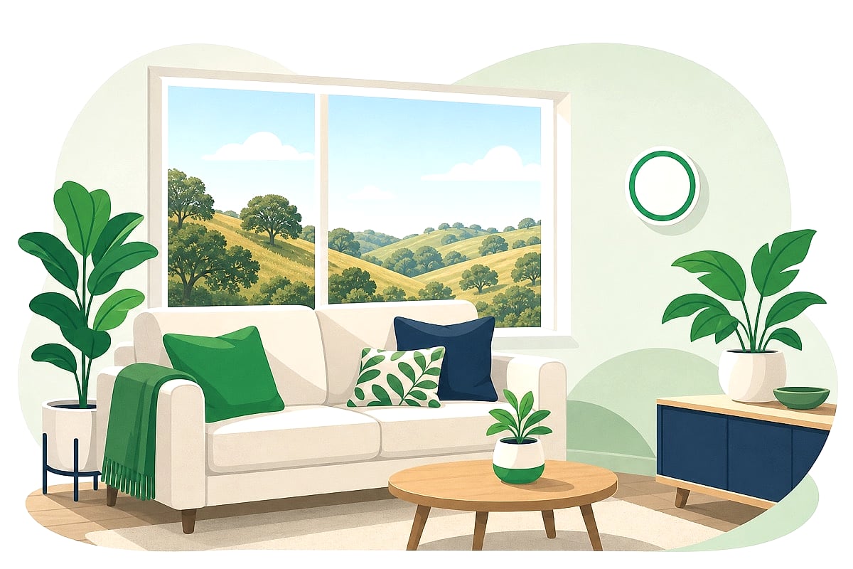 Illustration of a comfortable North Bay living room with a wall thermostat and a window overlooking golden hills