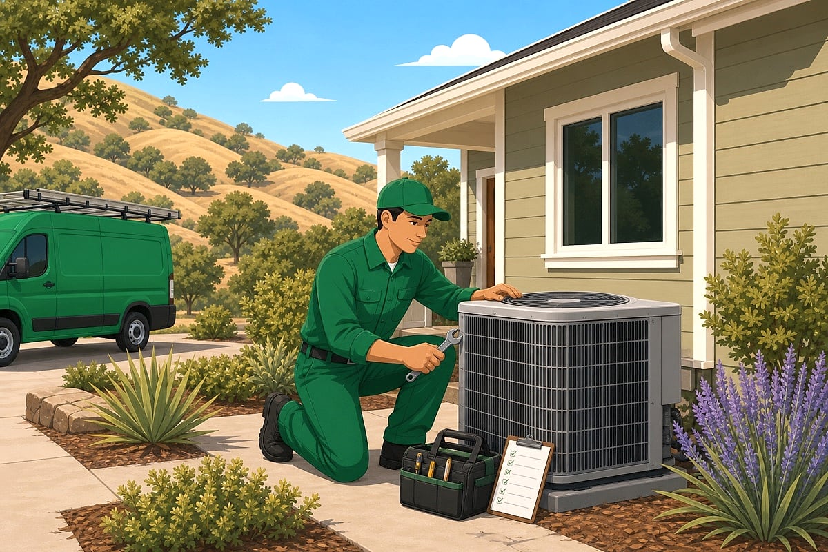 Illustration of an Enviro technician performing a seasonal maintenance tune-up on a North Bay home's outdoor AC unit