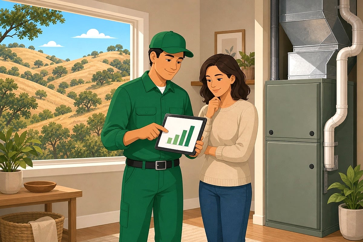 Illustration of an Enviro technician and a North Bay homeowner reviewing an HVAC quote together at home