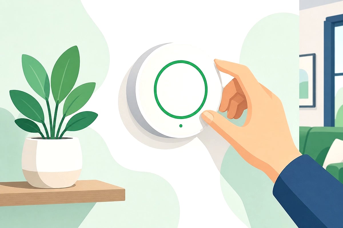 Illustration of a hand adjusting a modern round smart thermostat on an interior wall, showing a brand-green status ring