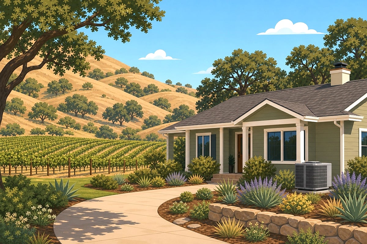 Illustration of a North Bay wine-country home with an outdoor AC unit, vineyard rows, and golden oak-dotted hills