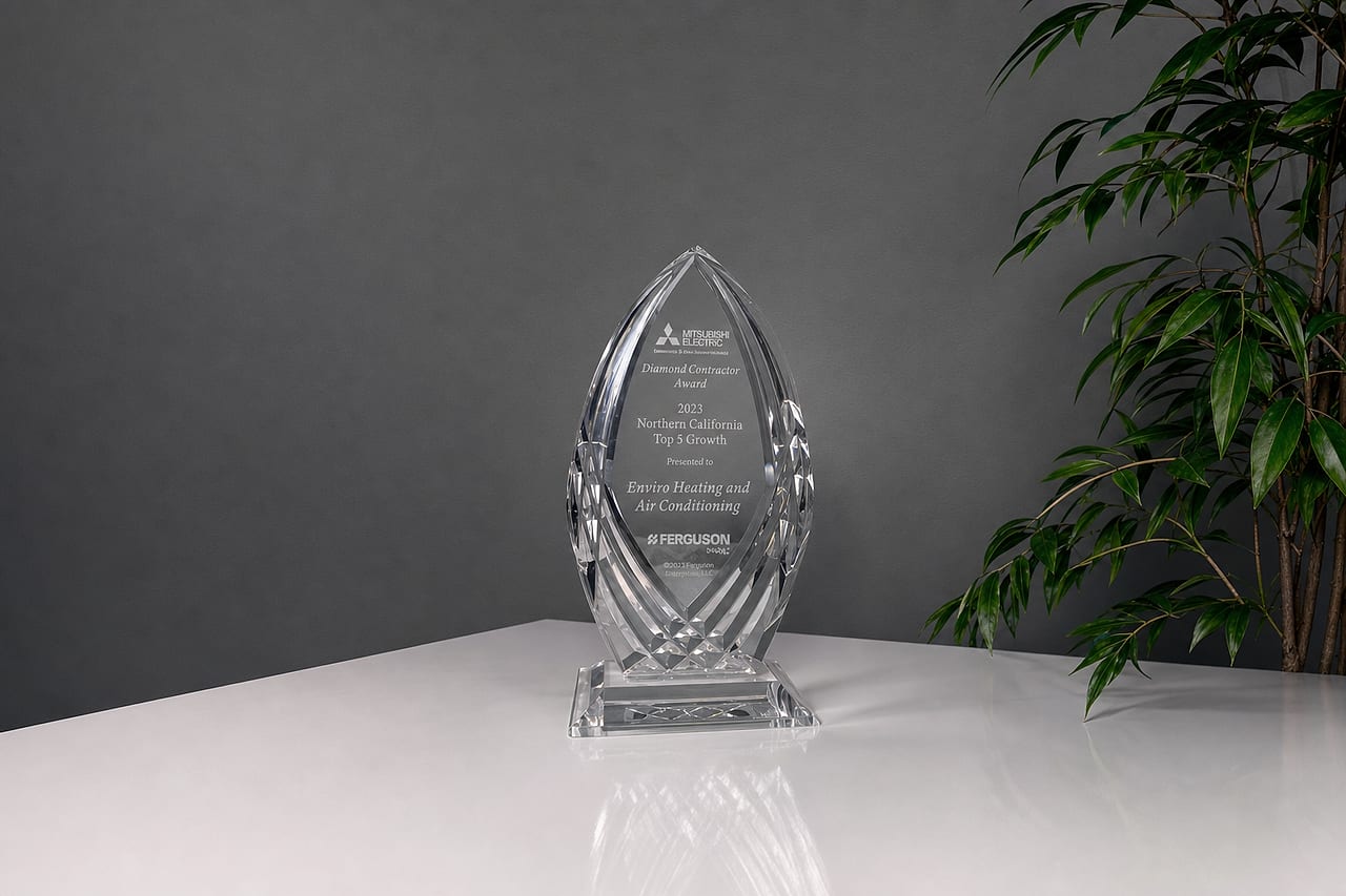 Enviro Heating & Air Conditioning's 2023 Mitsubishi Electric Diamond Contractor Award — Northern California Top 5 Growth — real proof of our factory-authorized Mitsubishi Electric partnership